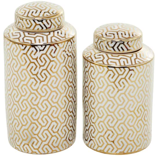 12" Gold Ceramic Geometric Decorative Jars with Gold Accents Set